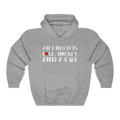 "All I Need Is Love, Hockey And A Cat" Unisex Hooded Sweatshirt