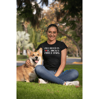 "All I Need Is Love, Hockey And A Dog" Unisex Jersey Tee